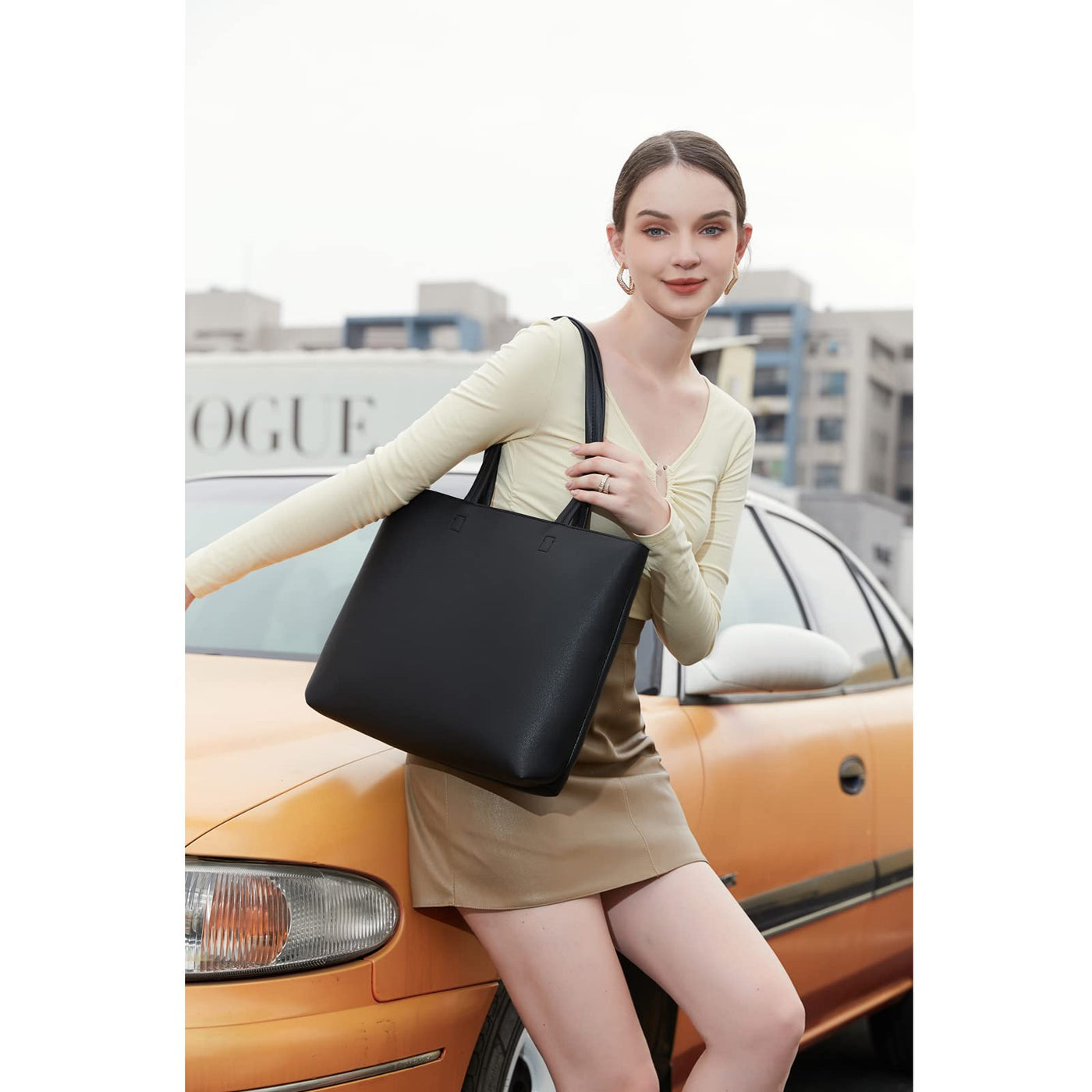 Handle bags, simple handbags PU leather tote shopper bag for work, school, shopping with zipper and inside pocket