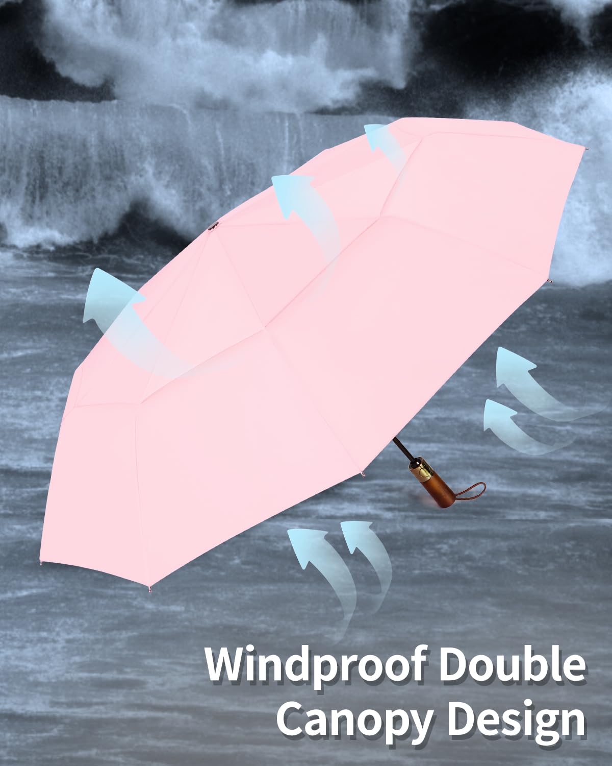 Automatic large stormproof umbrella, pocket umbrella with ventilated double canopy & wooden handle