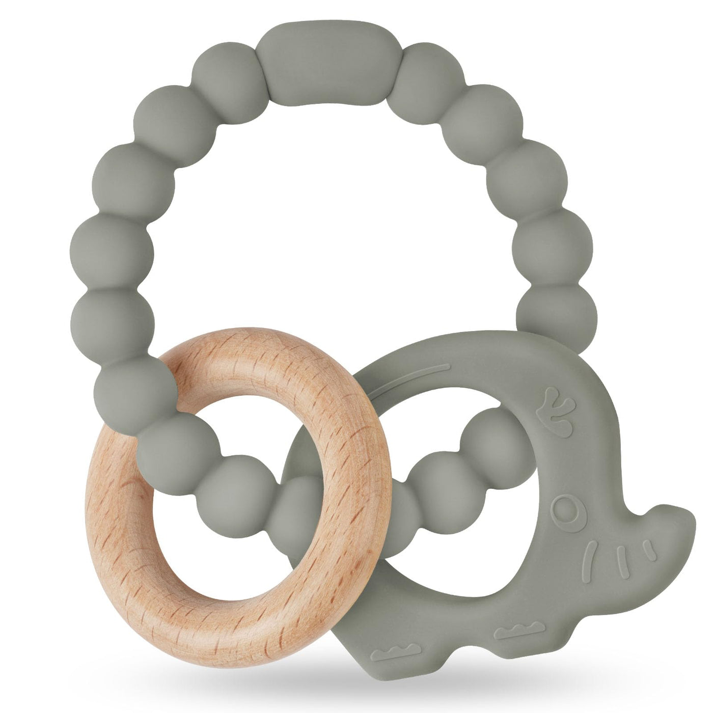 Teether for babies, elephant teether toy made of silicone and wooden rings, baby teething aid BPA-free, pain-relieving teething nursing accessories