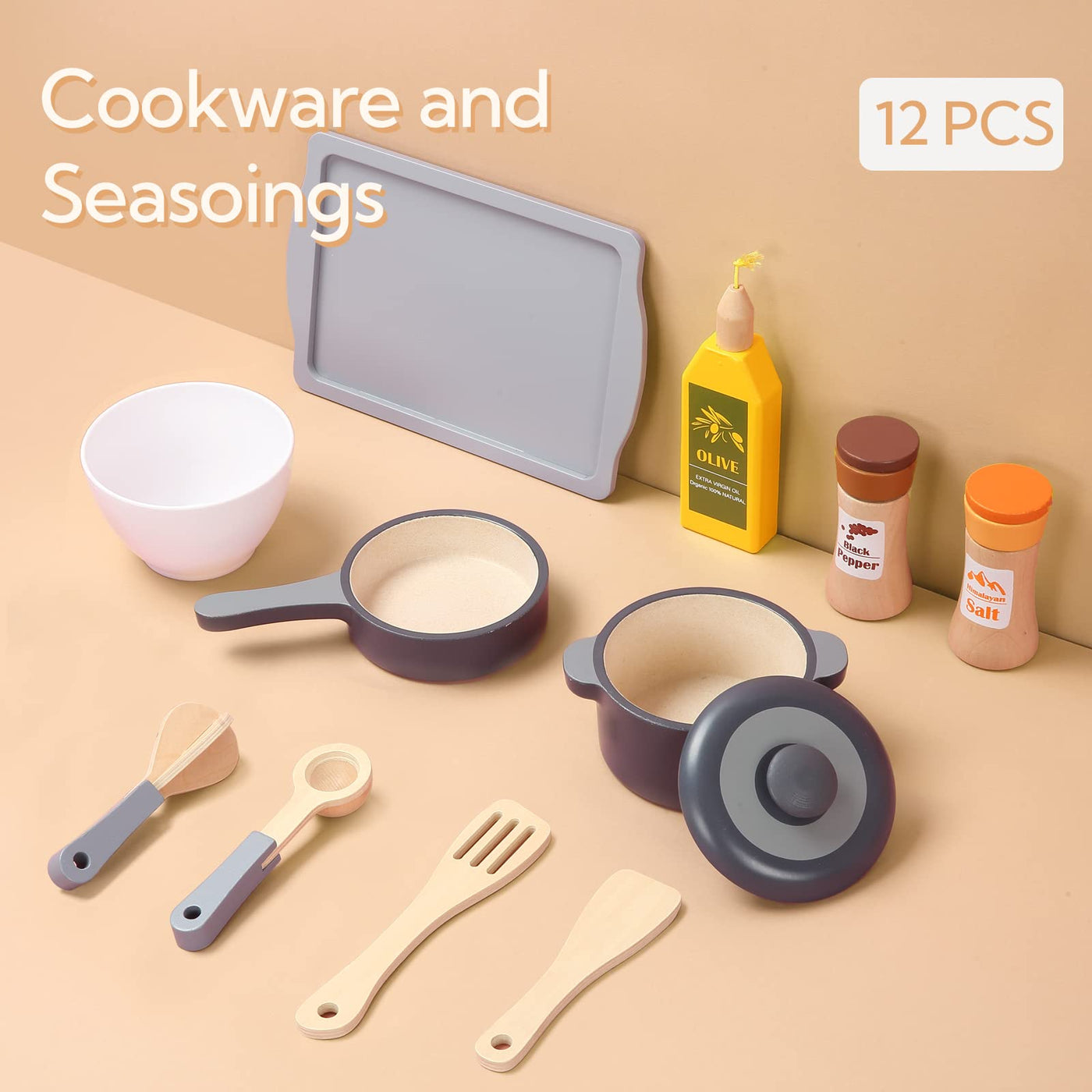 Jeu de cuisine en bois pour enfants, 12 pièces, batterie de cuisine, casseroles et accessoires de cuisine pour le jeu