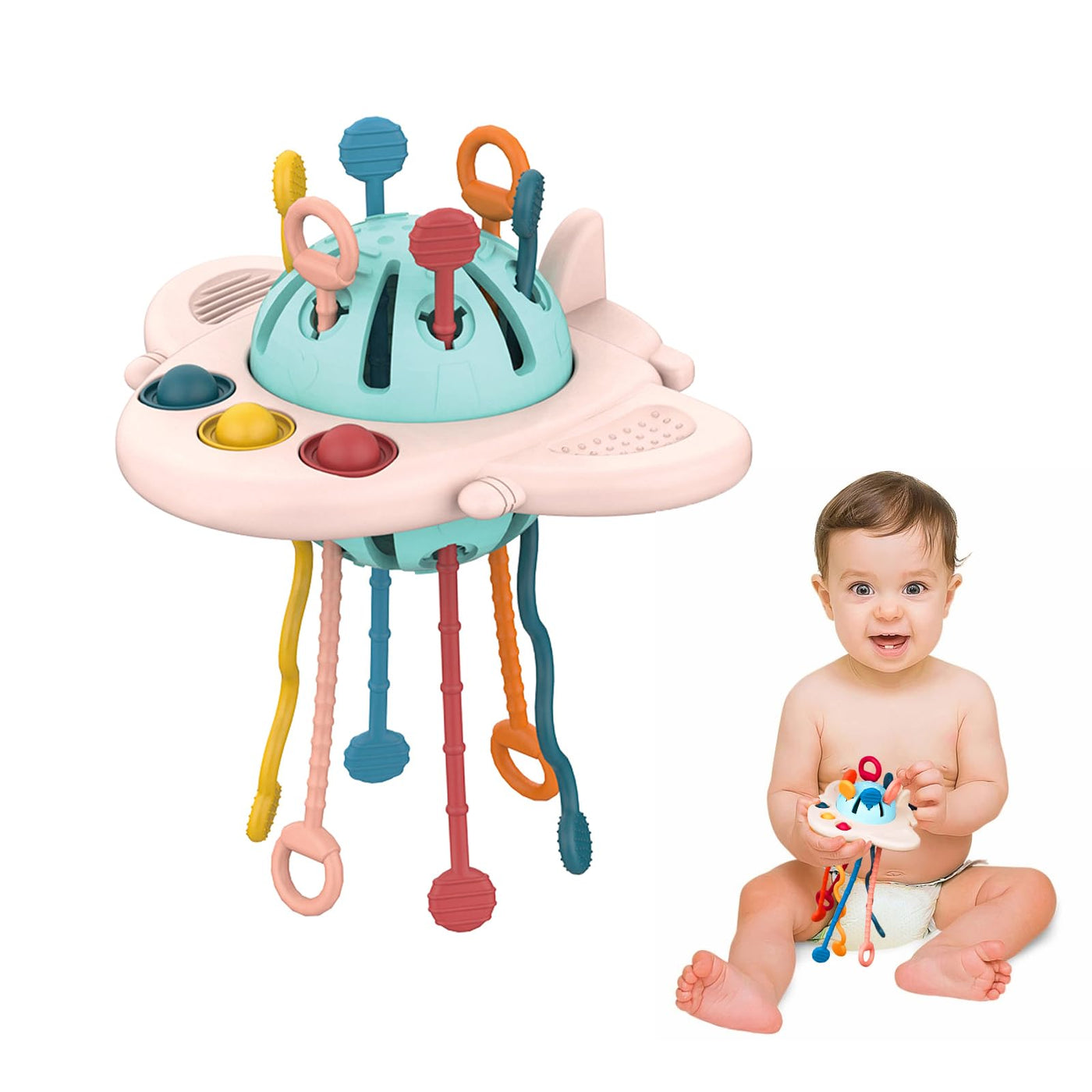 Jouet sensoriel bébé, anneau de dentition bébé, cordon de traction en silicone, forme avion, suspendu