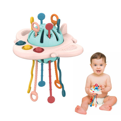 Jouet sensoriel bébé, anneau de dentition bébé, cordon de traction en silicone, forme avion, suspendu