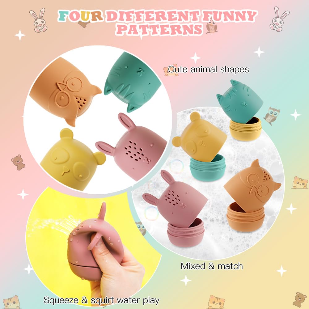 Jouets de bain, 4 pcs silicone bath toys, BPA-free baby water toys