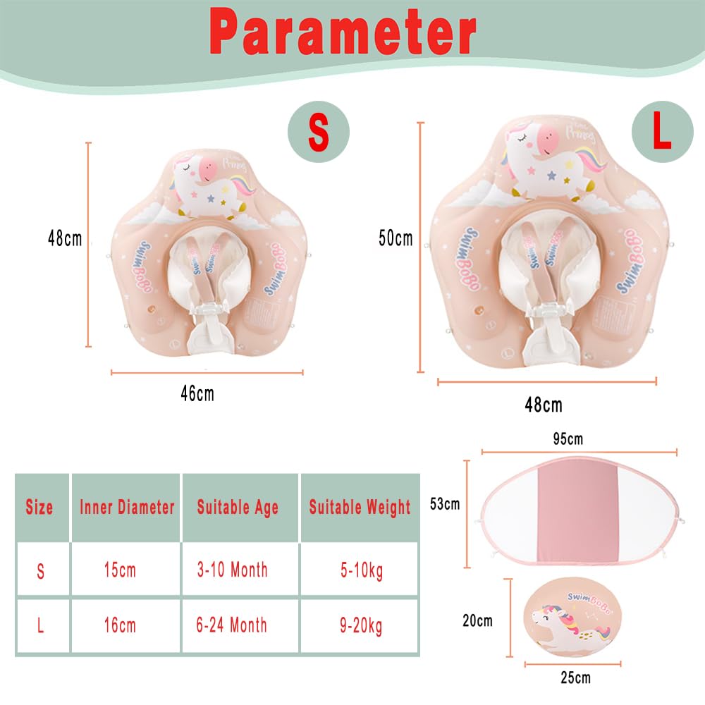 Baby floating ring with removable sun canopy, baby buoyancy aid with floating seat, inflatable swim trainer with anti-tip float