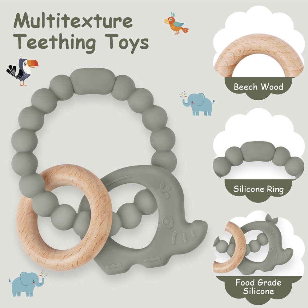 Teether for babies, elephant teether toy made of silicone and wooden rings, baby teething aid BPA-free, pain-relieving teething nursing accessories