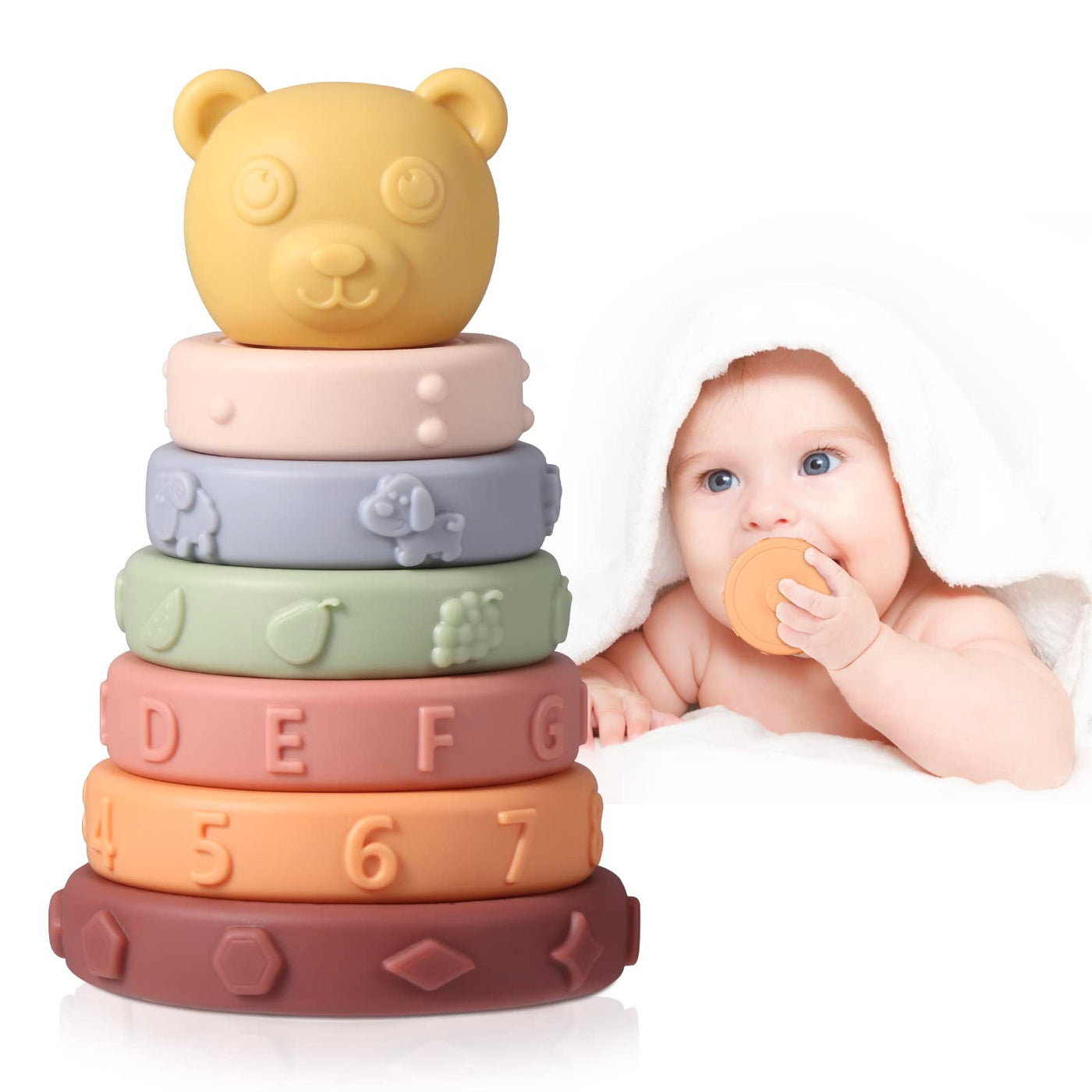 Stacking toy with rings, stacking tower for stacking play, squeeze teethers baby toy