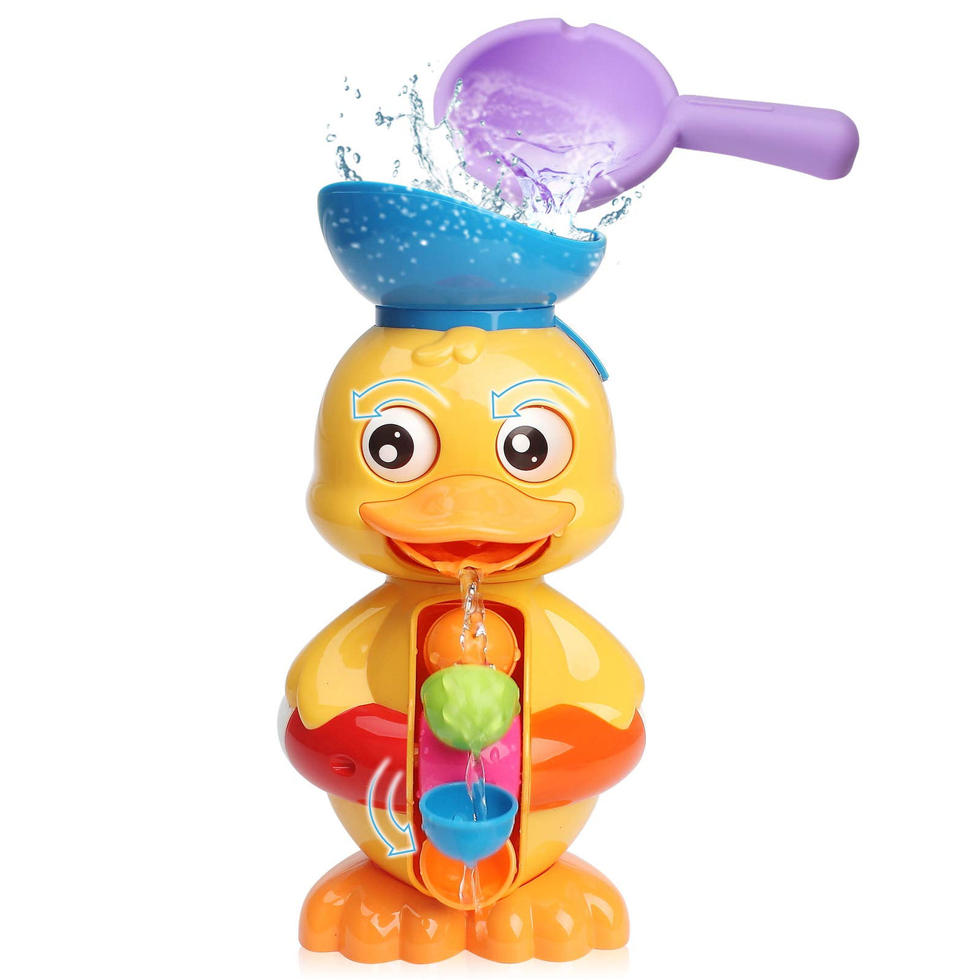 Toddler duck bath toy with water wheel & rotating eyes, children's bath toy with suction cups/water scoop