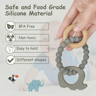 Teether for babies, elephant teether toy made of silicone and wooden rings, baby teething aid BPA-free, pain-relieving teething nursing accessories