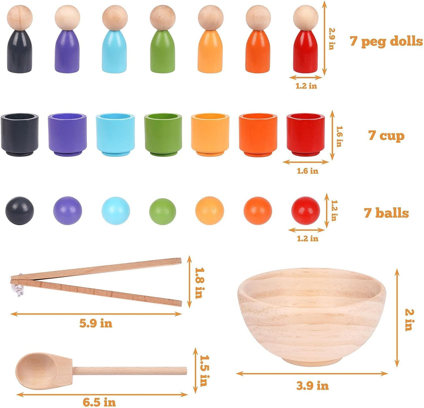 Wooden sorting stacking toy, pieces of rainbow wooden balls in cups, baby toy for preschool for color sorting and counting