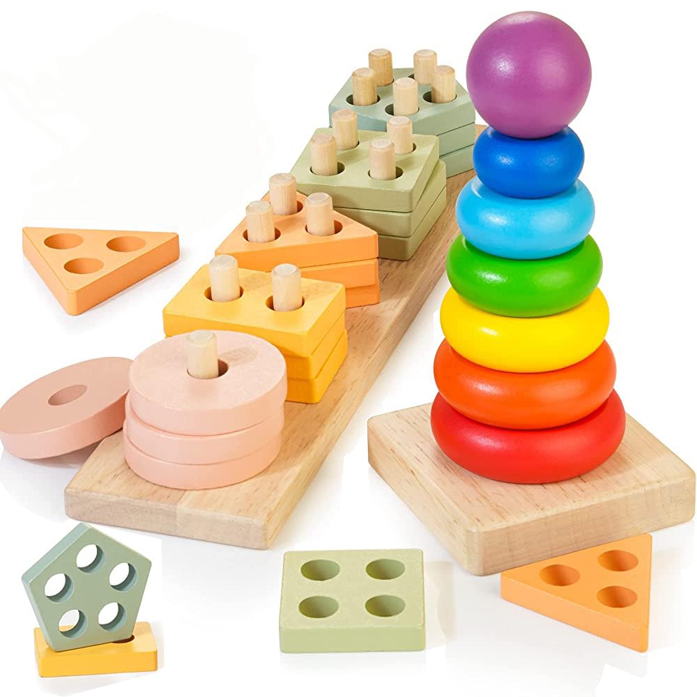 Wooden shape sorter educational toy for toddlers Stacking blocks Motor skills toy