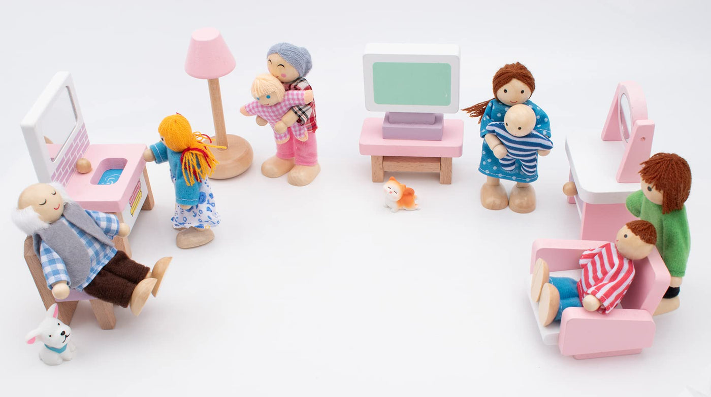 Maison de Poupée en Bois Poupées Famille Sertie de Figurines de Maison de Poupée pour Chat et Chien pour Faire Semblant d'Accessoires de Maison de Poupée Cadeau
