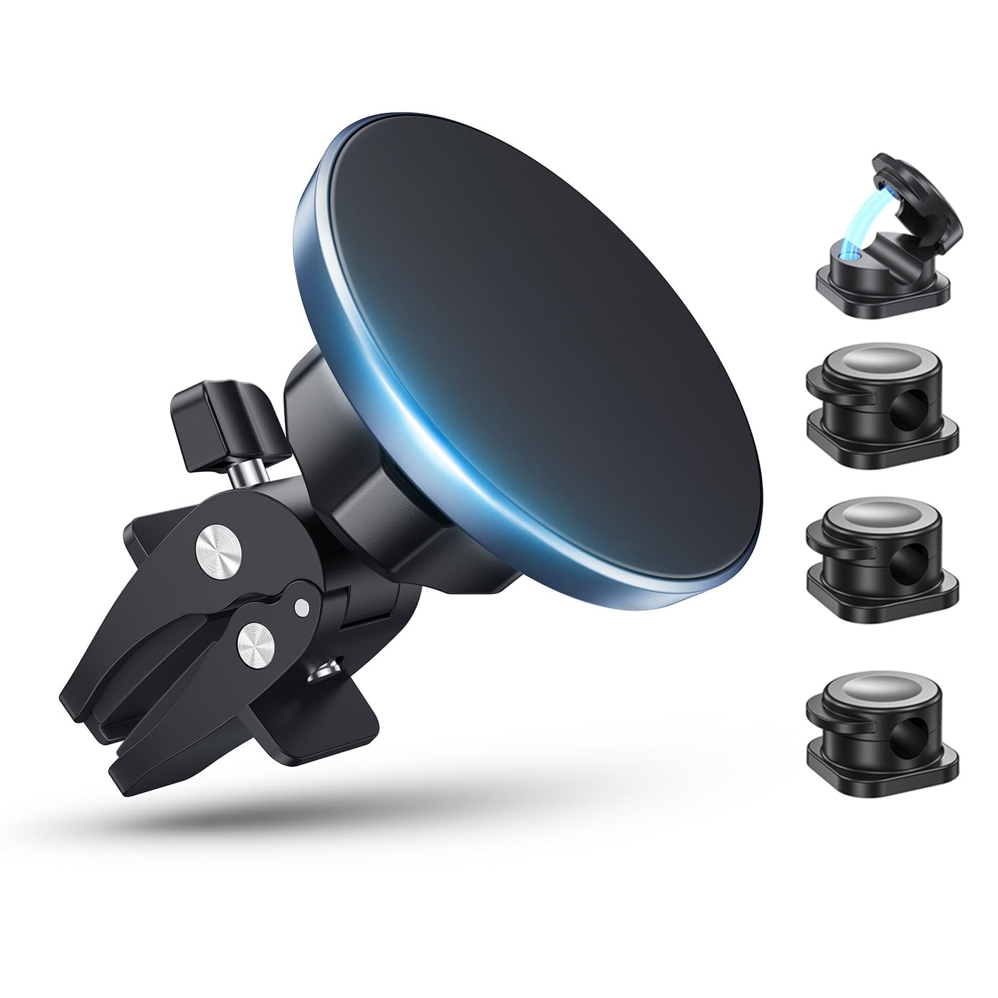 Magnetic mobile phone holder for the car with 4 cable clips