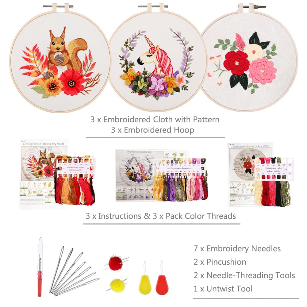 Beginner embroidery kit embroidery kit, floral design plants cross stitch kit starter tools kit with 3 pieces plastic embroidery hoop, for DIY art, craft