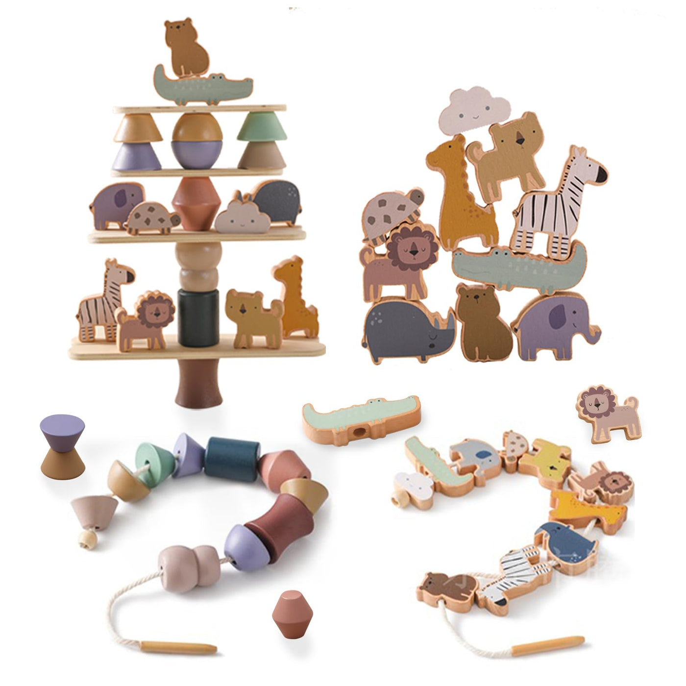 Stringing game, wooden toy for stacking game, motor skills toy for toddlers, building blocks in animal shape