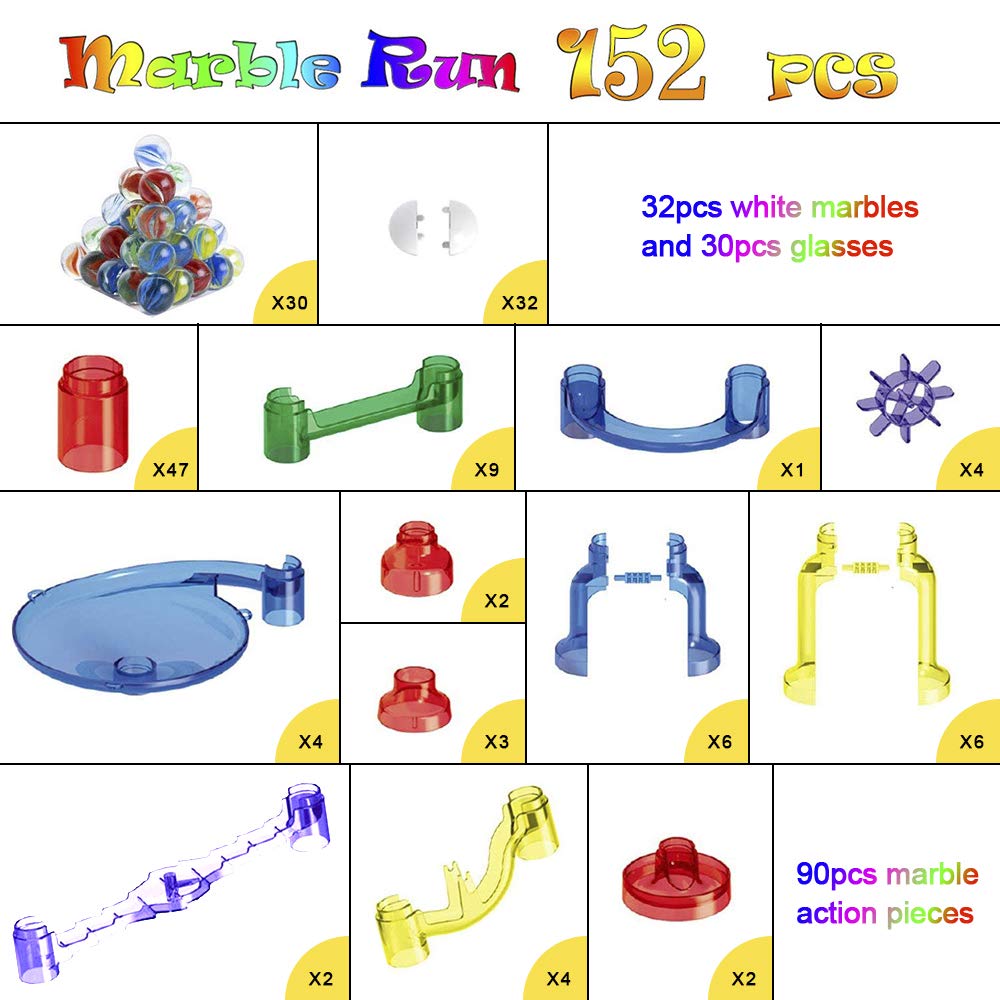 152teiliges Murmelbahn-Set mit Bahnelementen und Glasmurmeln, Lern- und Konstruktionsspielzeug