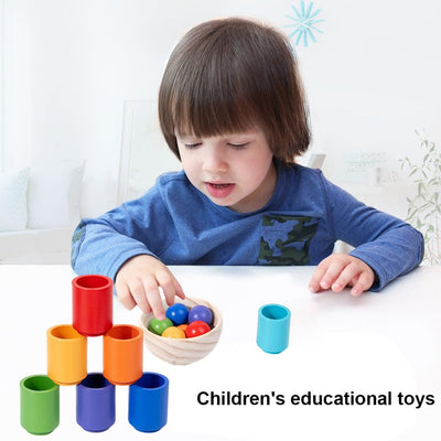 Wooden sorting stacking toy, 7 wooden balls in cups, baby toy for preschool for color sorting and counting