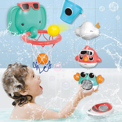 Jouets de bain pour bébé, salle de bain, jeu de bain pour bébé avec éléphant, ballon de basket, oiseau, crabe, nuages, yacht.