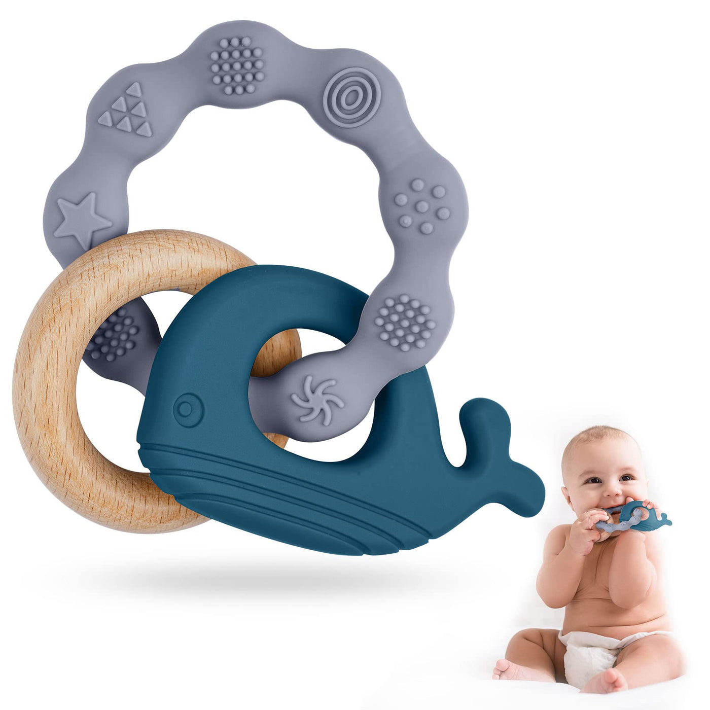 Teething ring for babies, teething ring toy made of silicone and wooden rings, baby teething aid BPA-free, pain-relieving teething nursing accessories