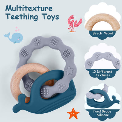 Teething ring for babies, teething ring toy made of silicone and wooden rings, baby teething aid BPA-free, pain-relieving teething nursing accessories