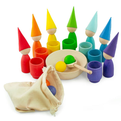 Large rainbow peg dolls and balls in cups Waldorf dolls sensory wooden games for learning colors