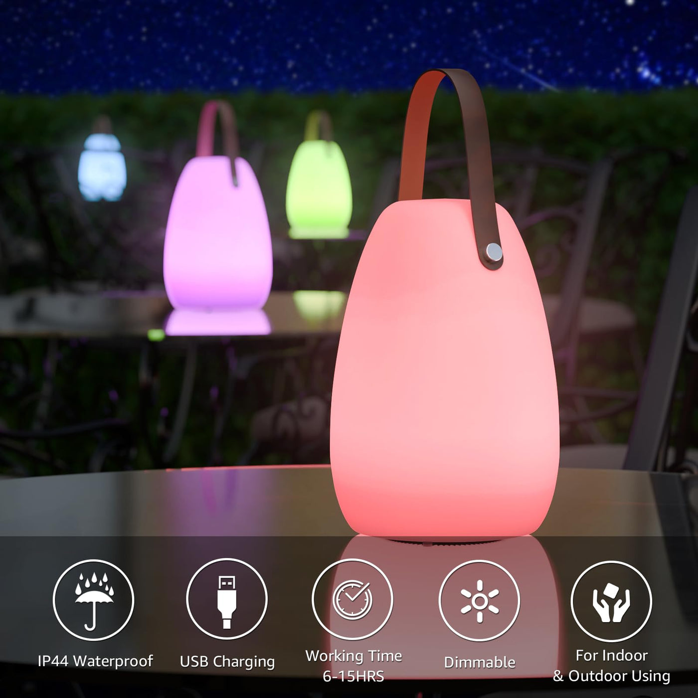 Outdoor table lamp with leather handles