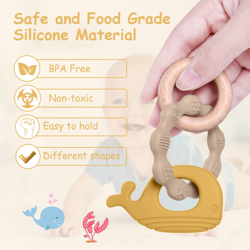 Teething ring for babies, teething ring toy made of silicone and wooden rings, baby teething aid BPA-free, pain-relieving teething nursing accessories