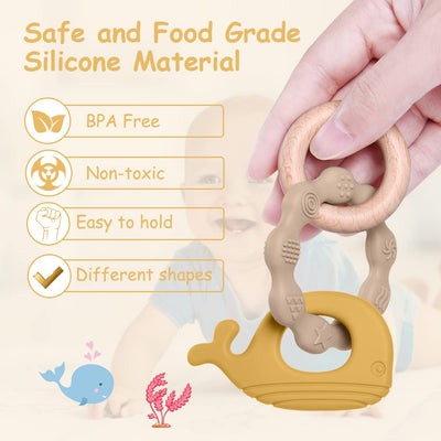 Teething ring for babies, teething ring toy made of silicone and wooden rings, baby teething aid BPA-free, pain-relieving teething nursing accessories