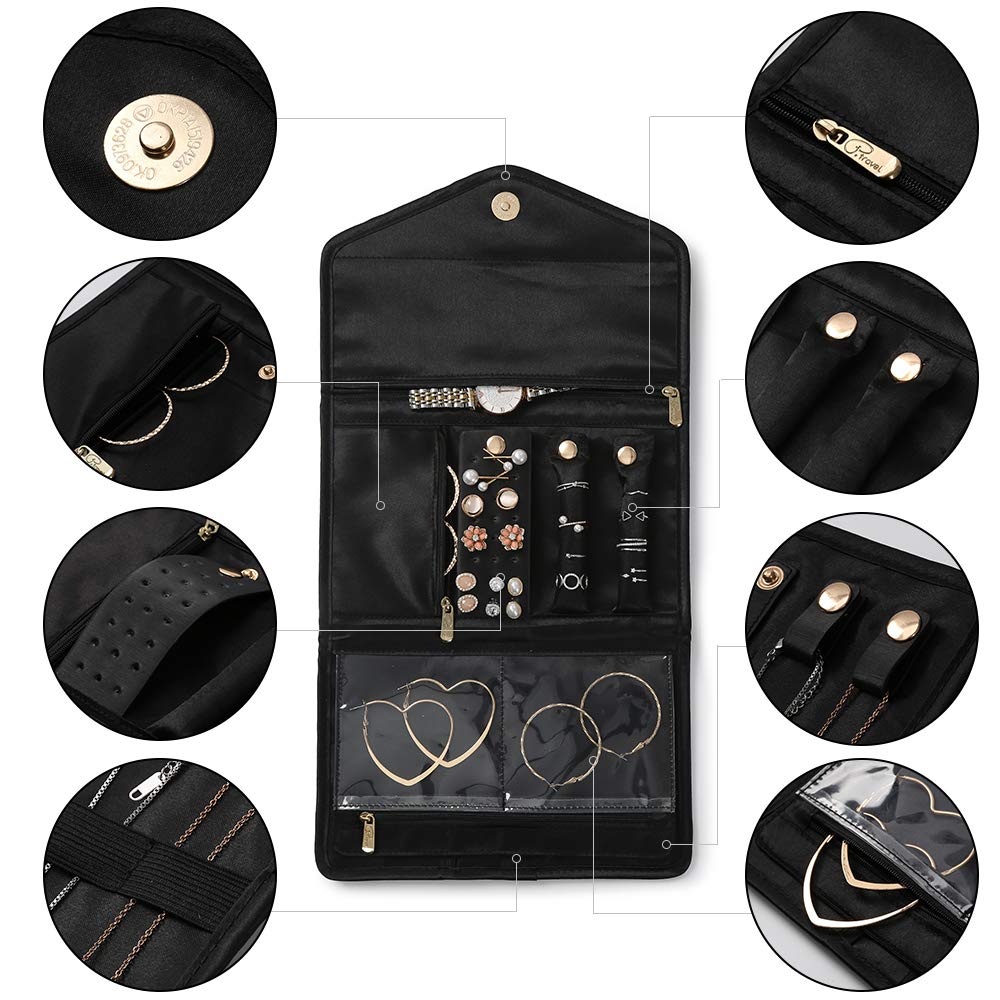 Jewelry rolls, travel jewelry organizer, foldable storage bag for travel rings, necklaces, earrings, bracelets, watches, brooches