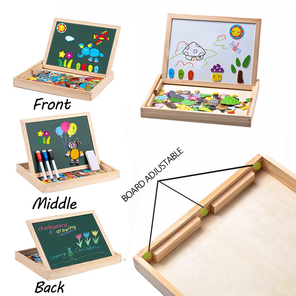 Magnetic wooden puzzles, double-sided magnetic drawing board with 3 color markers for children