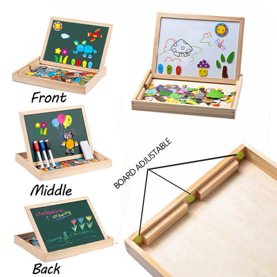 Magnetic wooden puzzles, double-sided magnetic drawing board with 3 color markers for children