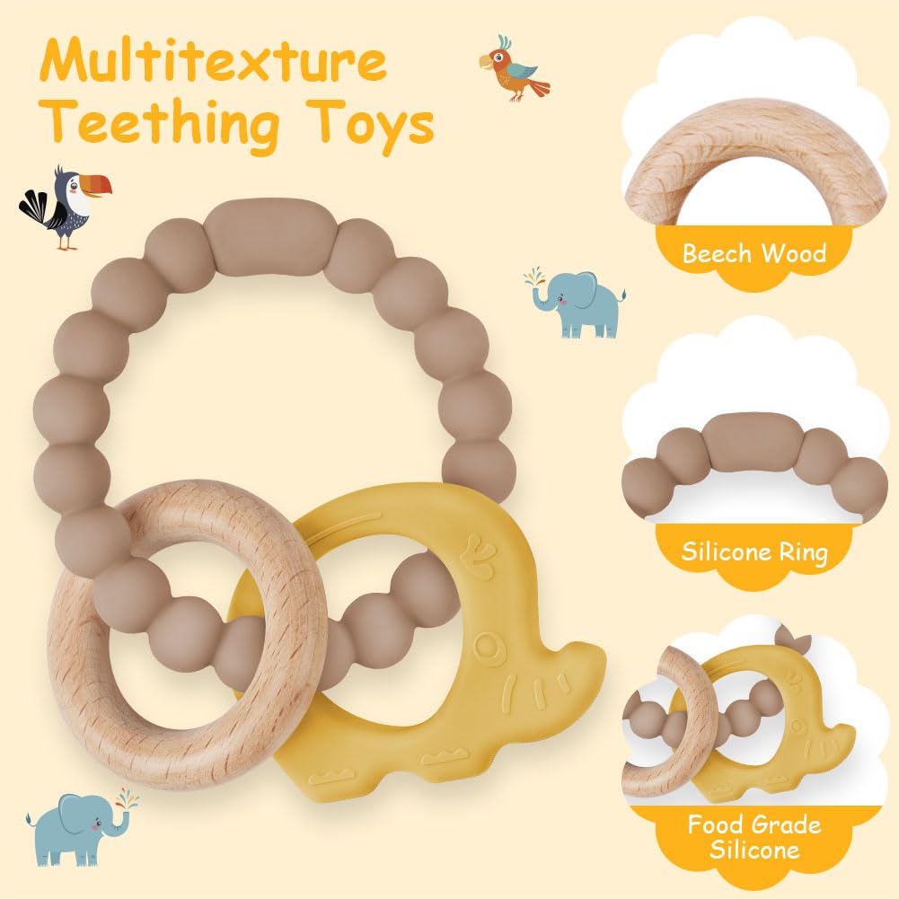 Teether for babies, elephant teether toy made of silicone and wooden rings, baby teething aid BPA-free, pain-relieving teething nursing accessories