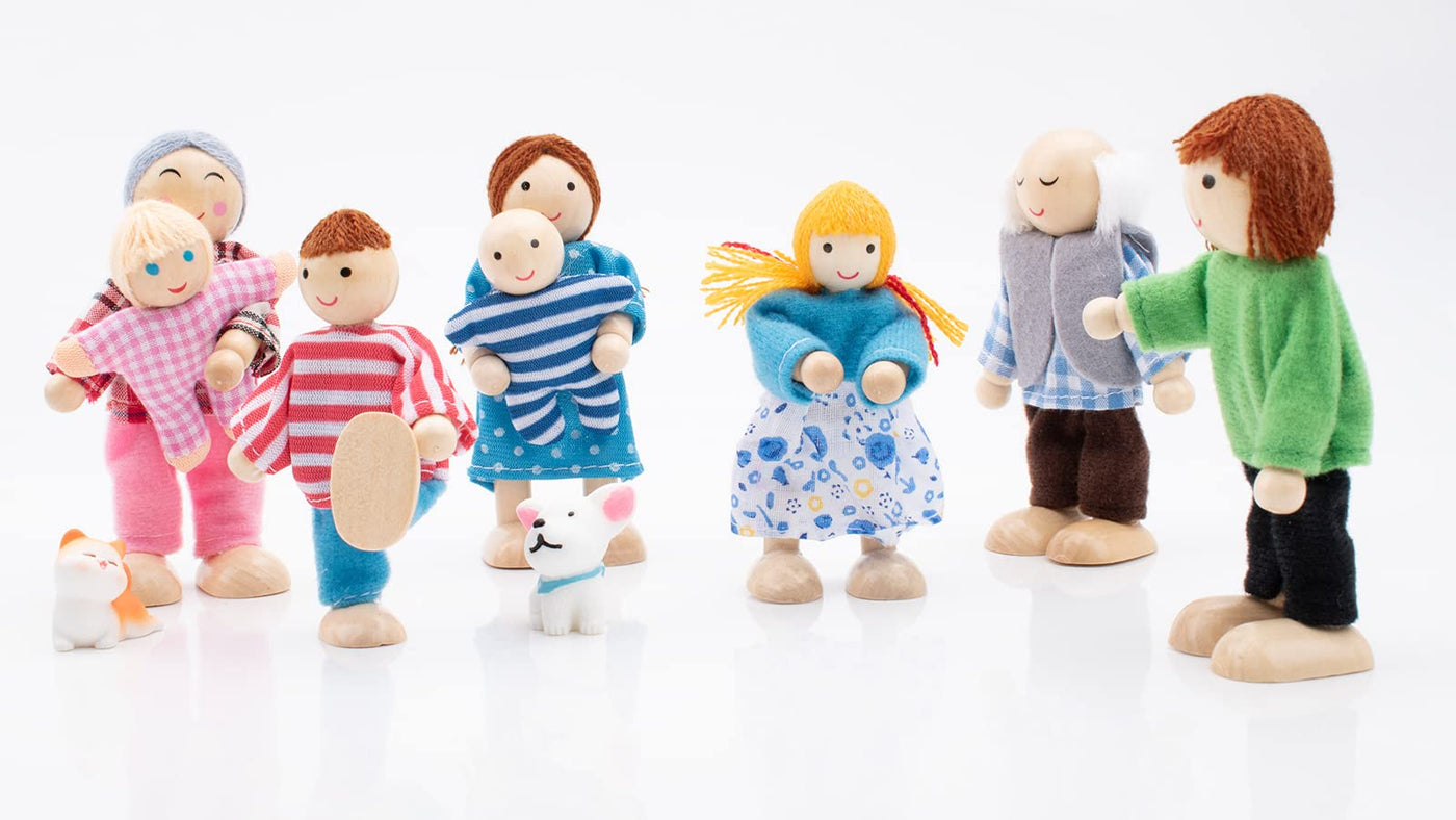 Maison de Poupée en Bois Poupées Famille Sertie de Figurines de Maison de Poupée pour Chat et Chien pour Faire Semblant d'Accessoires de Maison de Poupée Cadeau