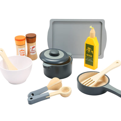 Jeu de cuisine en bois pour enfants, 12 pièces, batterie de cuisine, casseroles et accessoires de cuisine pour le jeu