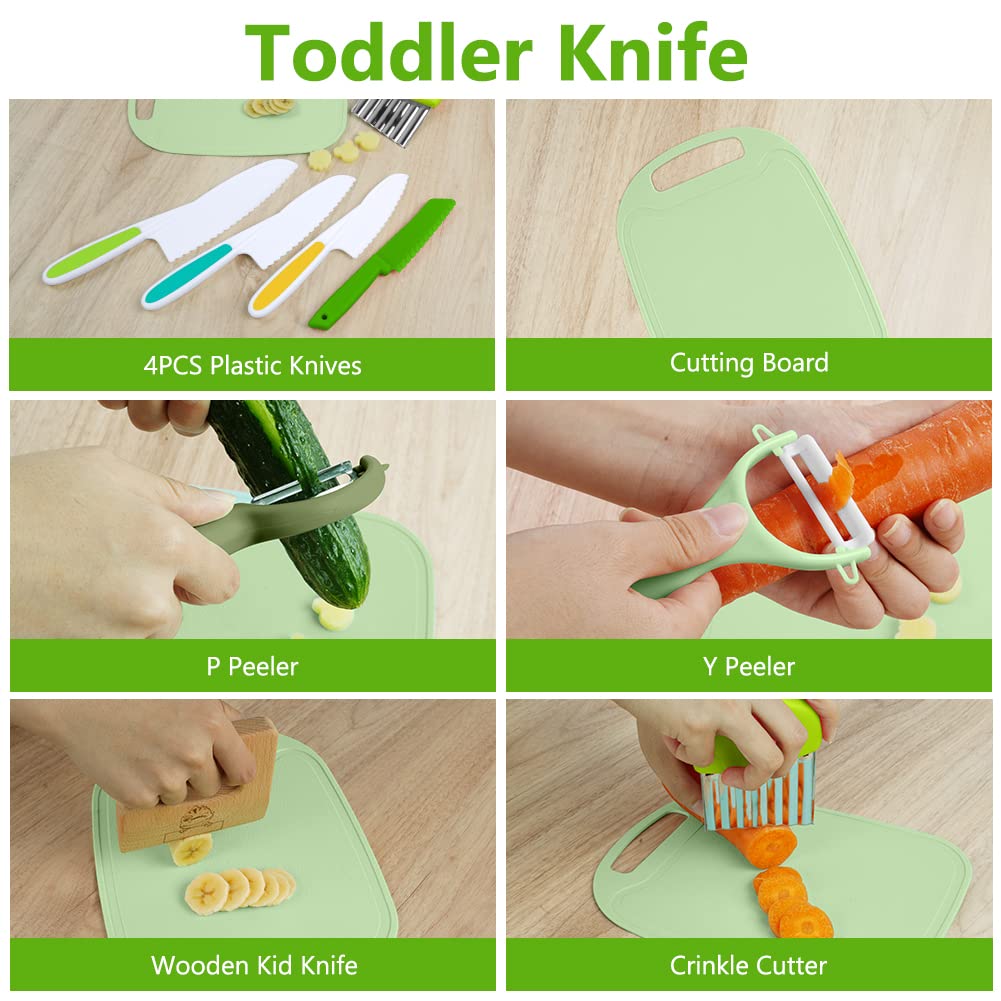 9 piece children's kitchen knife set, cooking kitchen knife for cutting and cooking fruit or vegetables for toddlers, including children's knife made of wood cutting board peeler