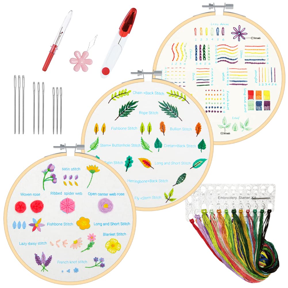 Beginner embroidery kit embroidery kit, floral design plants cross stitch kit starter tools kit with 3 pieces plastic embroidery hoop, color threads and tools,for DIY art,craft