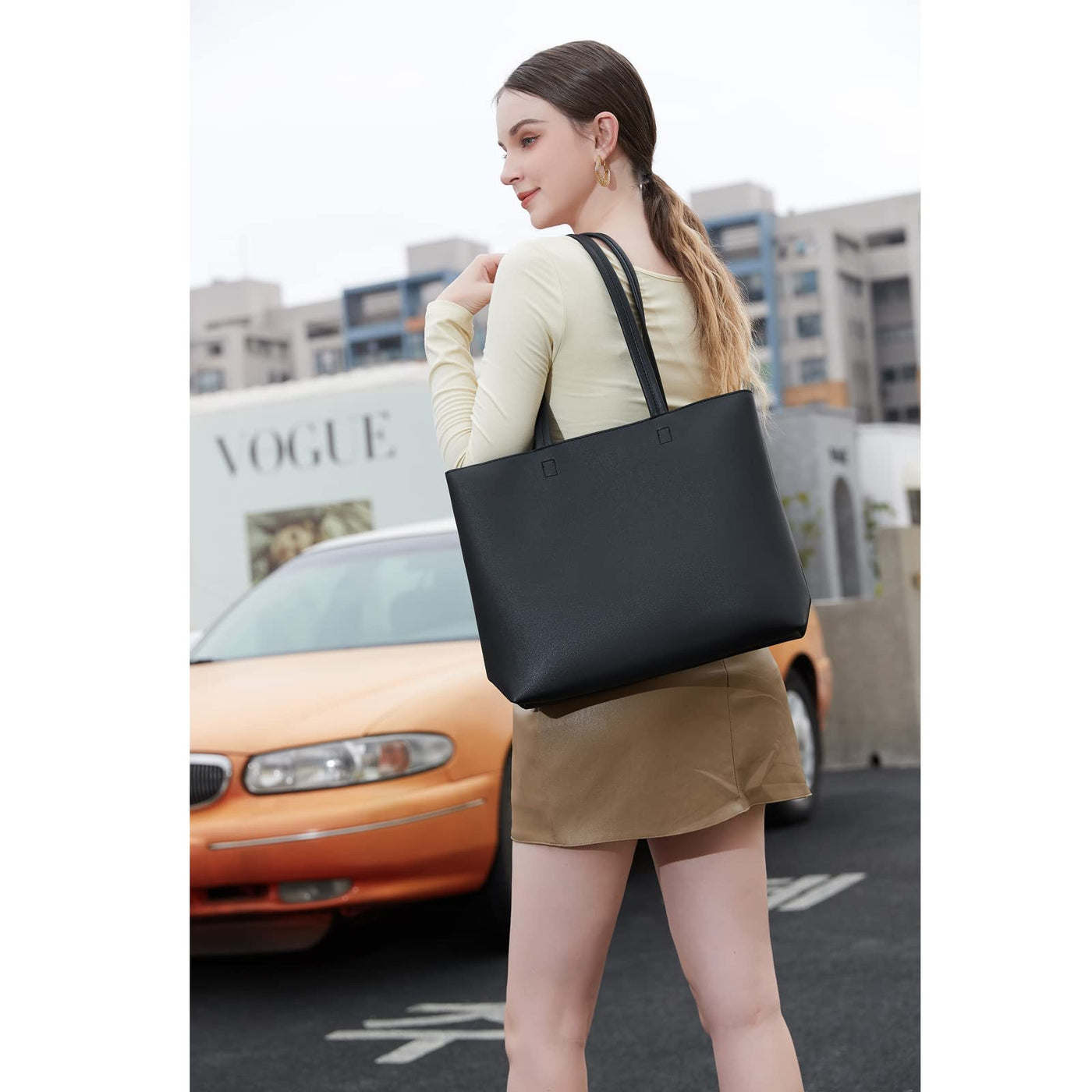 Handle bags, simple handbags PU leather tote shopper bag for work, school, shopping with zipper and inside pocket