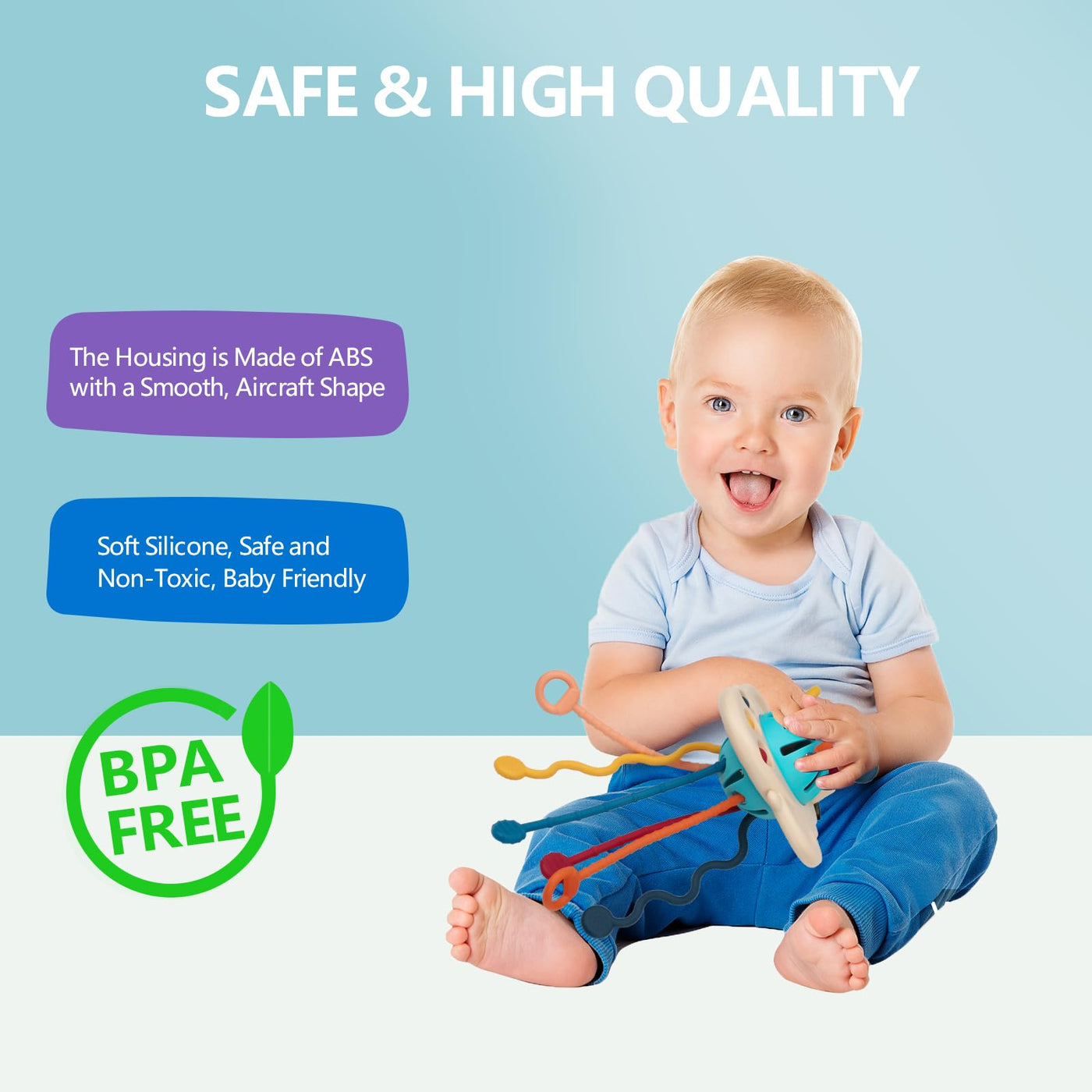 Jouet sensoriel bébé, anneau de dentition bébé, cordon de traction en silicone, forme avion, suspendu