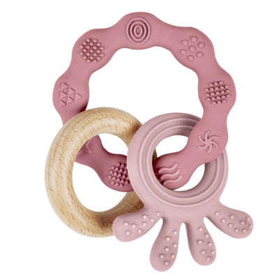 Teething ring for babies, teething ring toy made of silicone and wooden rings, baby teething aid BPA-free, pain-relieving teething nursing accessories