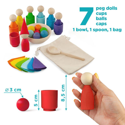 Large rainbow peg dolls and balls in cups Waldorf dolls sensory wooden games for learning colors