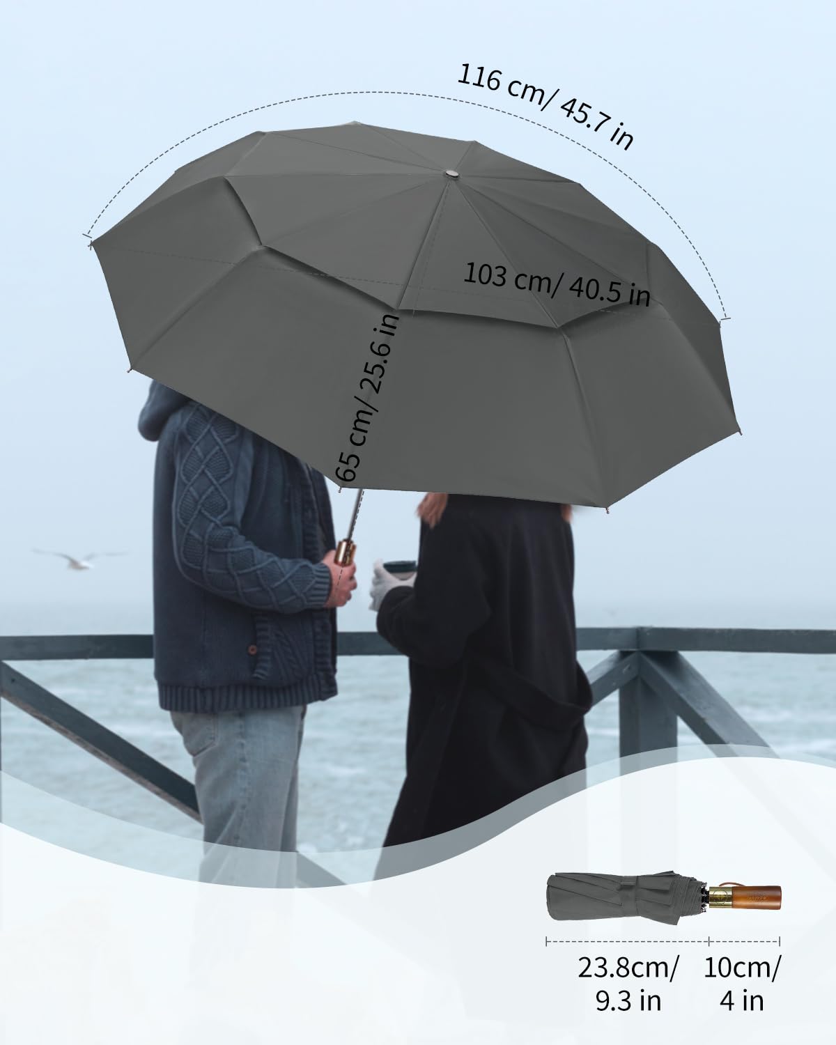 Automatic large stormproof umbrella, pocket umbrella with ventilated double canopy & wooden handle