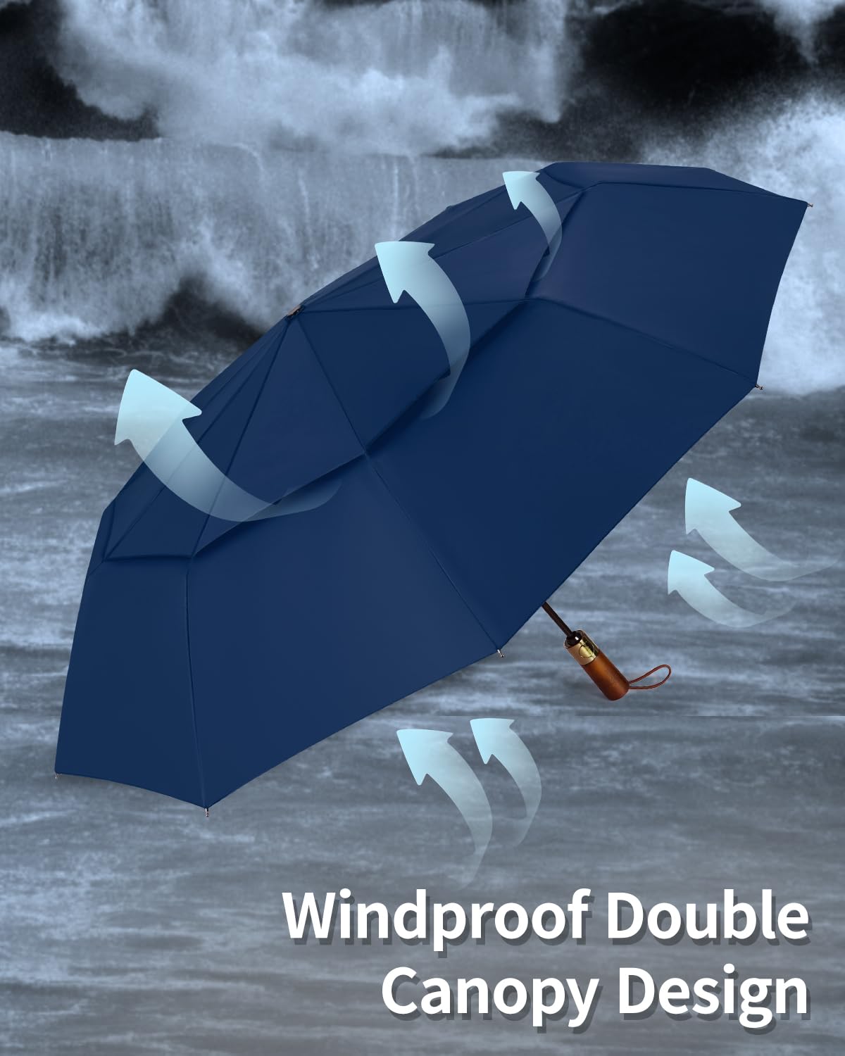 Automatic large stormproof umbrella, pocket umbrella with ventilated double canopy & wooden handle