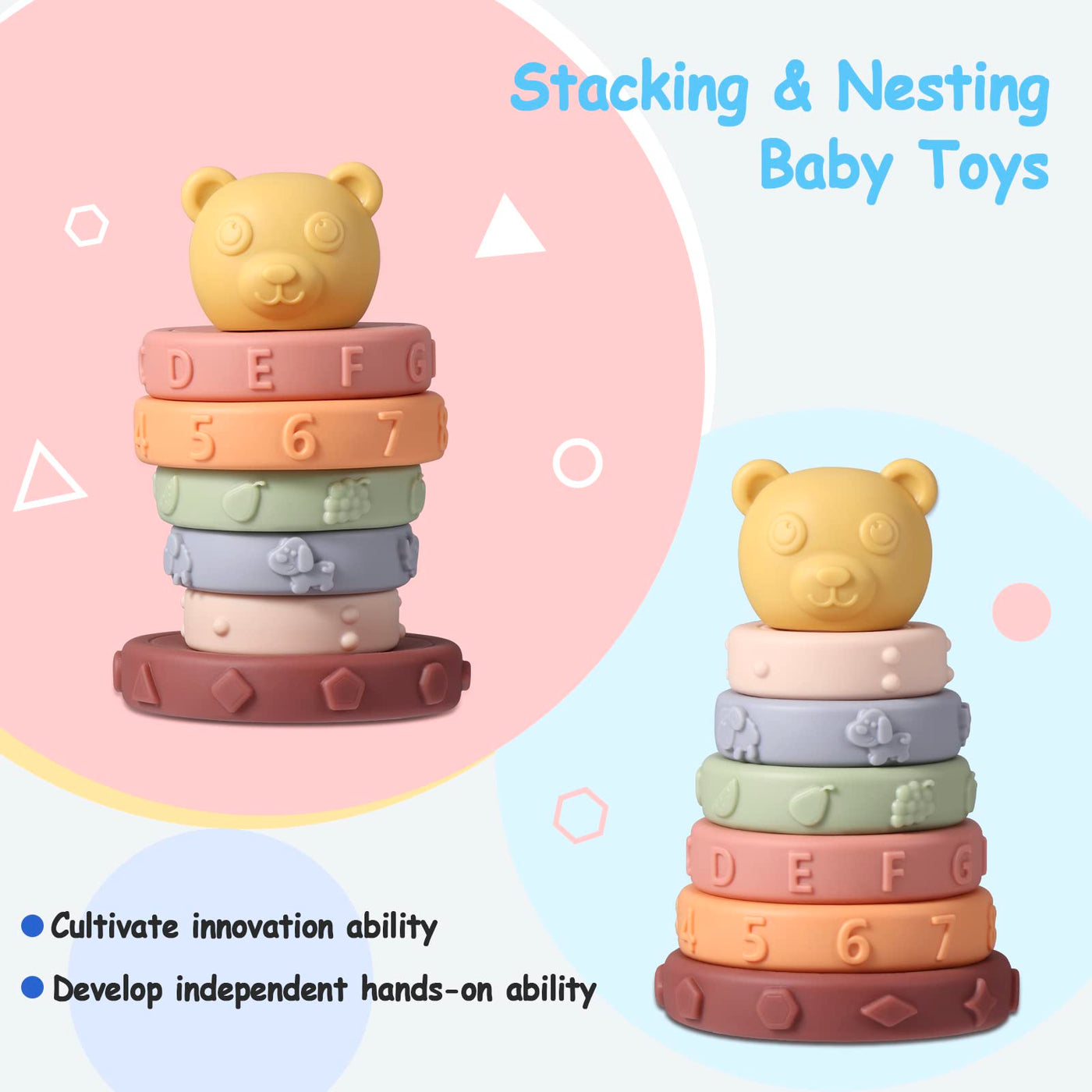 Stacking toy with rings, stacking tower for stacking play, squeeze teethers baby toy