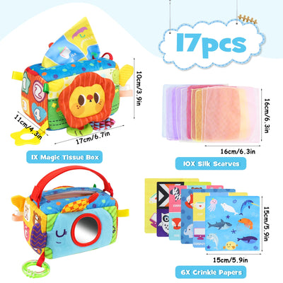 Tissue Box Toy, 7-in-1 with 16 Colored Tissue, High Contrast Learning Toy