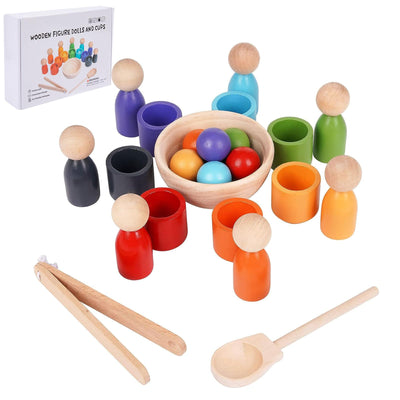 Wooden sorting stacking toy, pieces of rainbow wooden balls in cups, baby toy for preschool for color sorting and counting