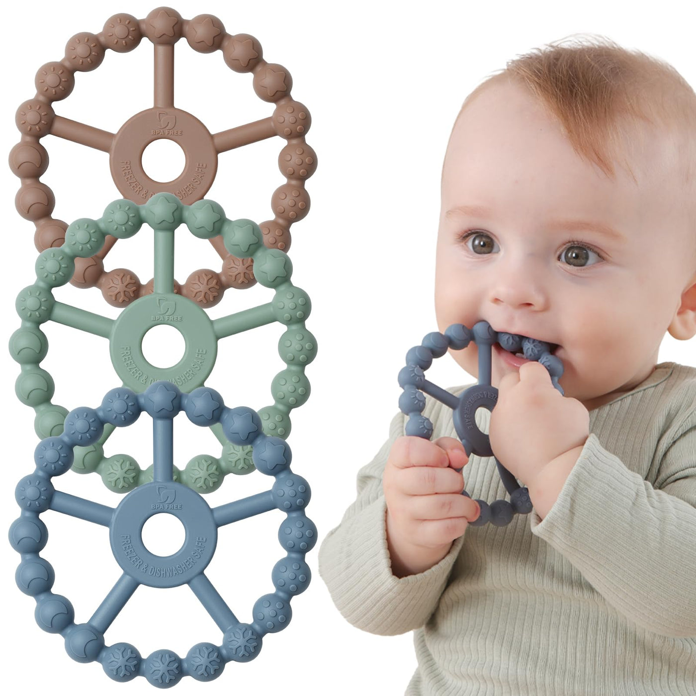 Beißring Baby, 3er-Pack Beißring Baby Spielzeug Kühlung, Silikon Greifring