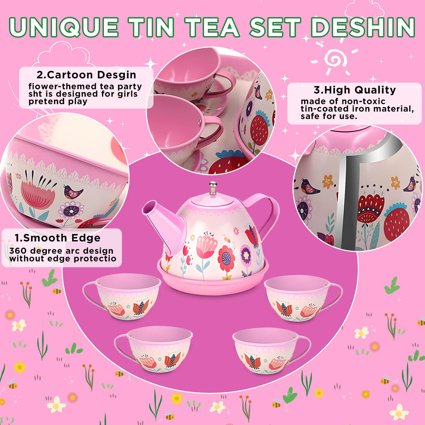 Children's tea set, 46 pieces dolls tableware children's kitchen Tin teapot set