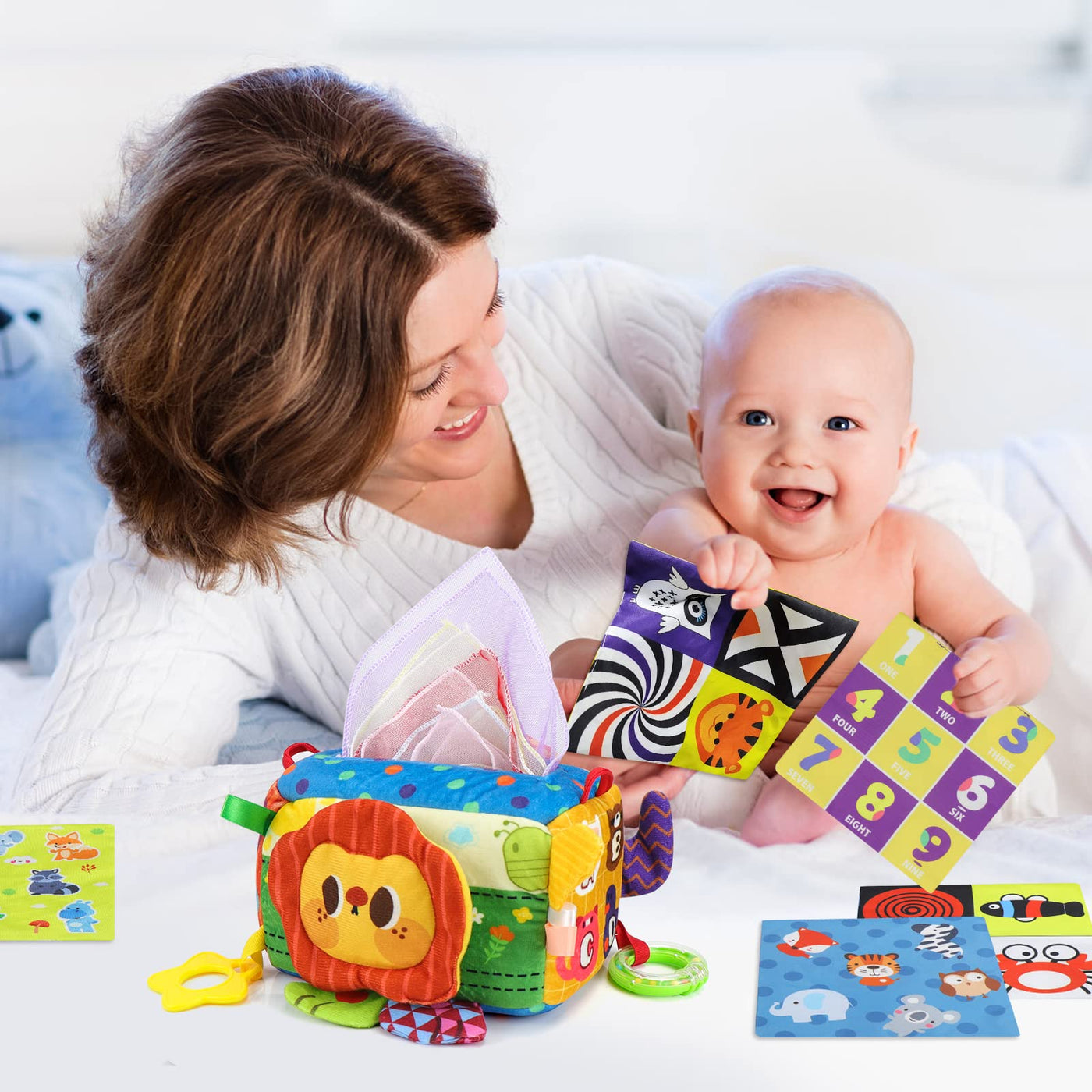 Tissue Box Toy, 7-in-1 with 16 Colored Tissue, High Contrast Learning Toy