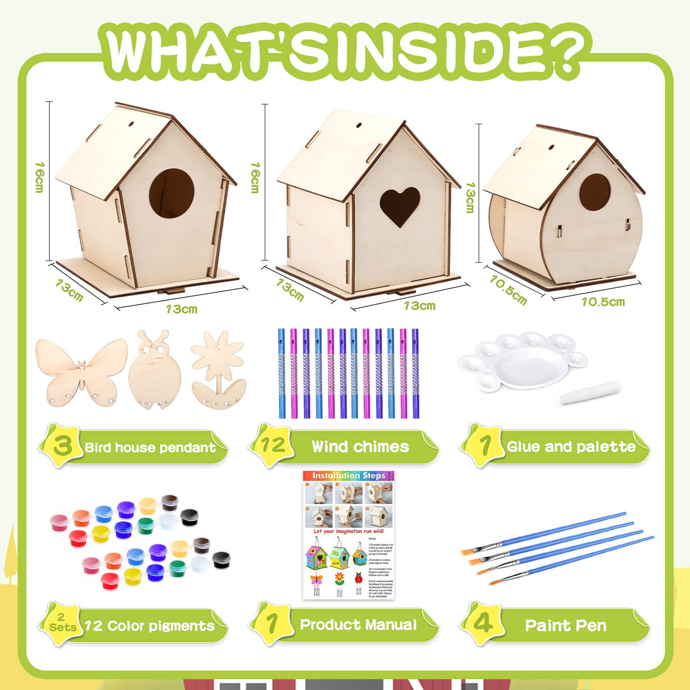 3 pieces DIY wooden birdhouse kit for children,DIY birdhouse kit for children,with pigment,Small handmade wooden birdhouse