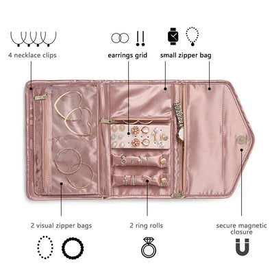 Jewelry rolls, travel jewelry organizer, foldable storage bag for travel rings, necklaces, earrings, bracelets, watches, brooches