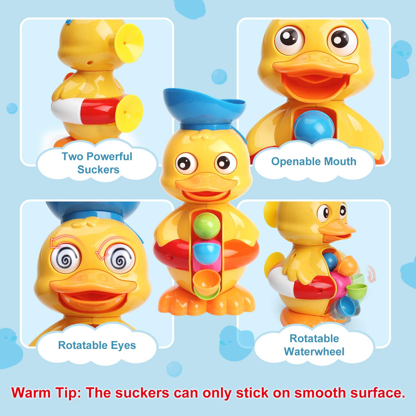 Toddler duck bath toy with water wheel & rotating eyes, children's bath toy with suction cups/water scoop